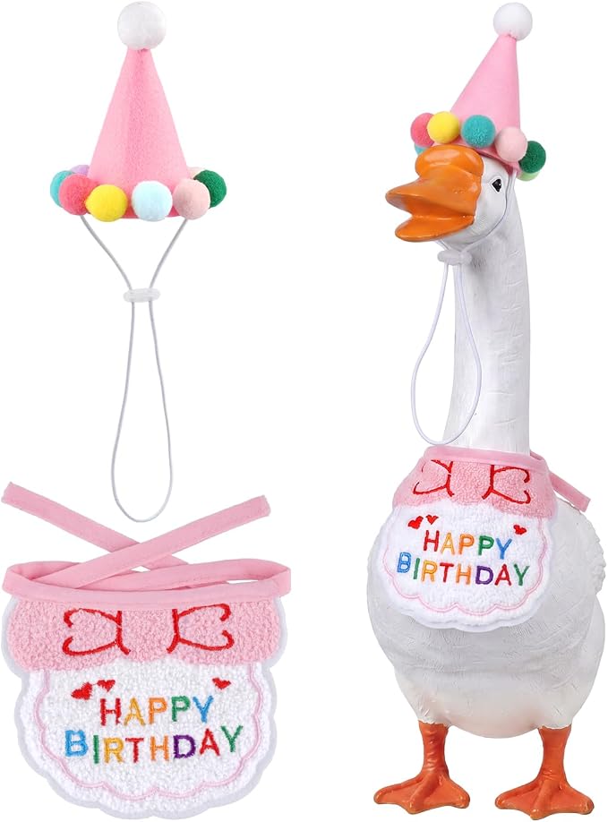 Jmkcoz Birthday Porch Goose Outfits Lawn Goose Statue Costume with Party Hat Bandana for 23" 17" Cement Plastic Statue Patio Yard Garden Outdoor Decor (Pink)
