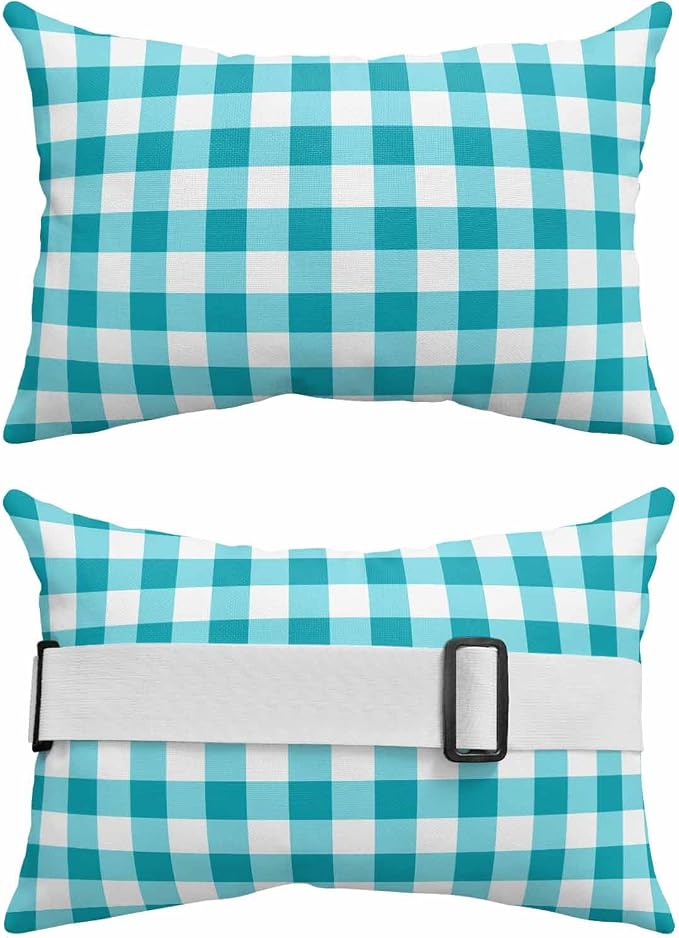 Pack of 2 Outdoor Lumbar Pillow Covers 11x16 Inch, Turquoise Checkered Waterproof Throw Pillow Covers Set, Farmhouse Buffalo Plaid Indoor&Outdoor Decorative Cushion Cases for Patio Porch Beach