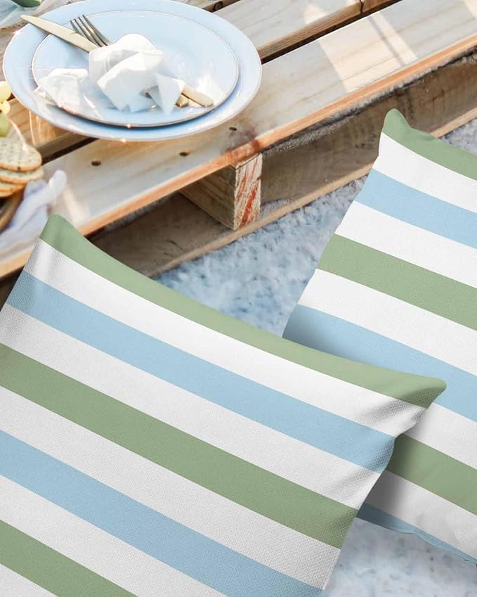 Outdoor Waterproof Throw Pillow Covers 16x16Inch, Spring Stripes Pattern Cushions for Garden Patio Furniture Chairs Set of 2, Blue and Sage Green Home Decor Couch Sofa Polyester Pillow Cases