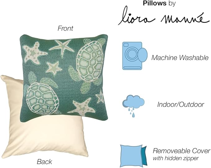 Liora Manne MARINA Indoor/Outdoor Power Loomed Easy Care Pillow - Transitional Geometric Coastal Beach Colorful (Turtle And Stars Aqua) (18" x 18")
