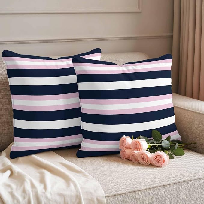 Pink Navy Blue Striped Waterproof Outdoor Pillow Covers Set of 2 Home Decor, Minimalist Abstract Lines Artwork Pillowcase Patio Pillow Covers for Couch Bench Furniture Garden 26x26in