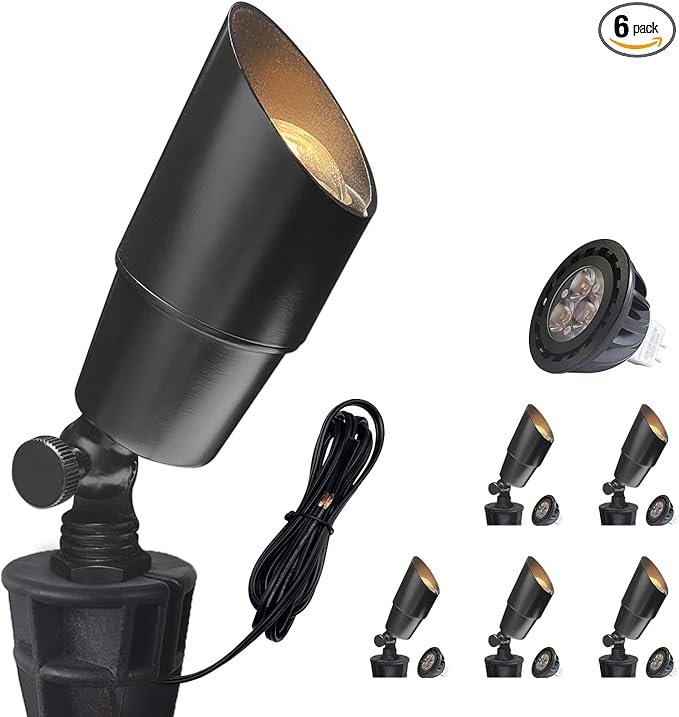COLOER Brass Low Voltage Landscape Spotlight(Black) 6-Pack with 5W Aluminum Housing MR16 LED Bulb 2700K 450LM CRI85+,12V AC/DC Outdoor Uplighting, Directional Garden Patio Spot Up Light(101B-Black)