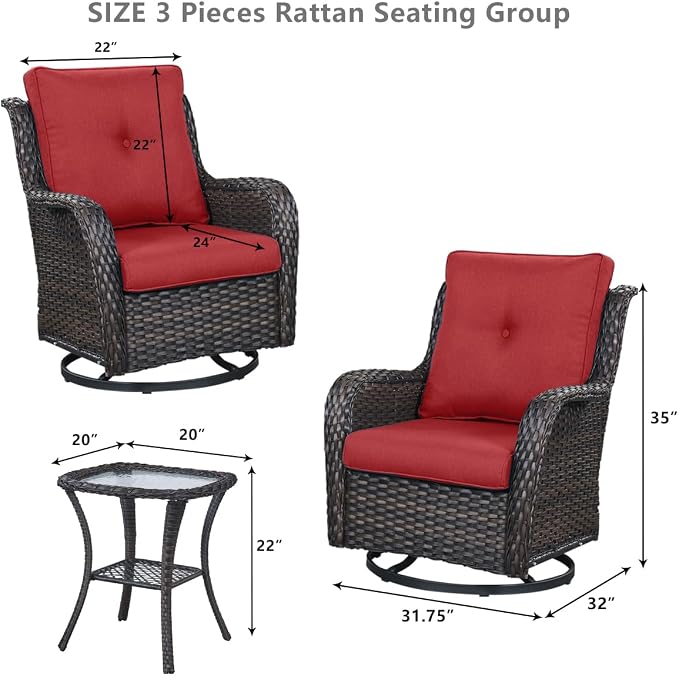 HUMMUH 5 Piece Outdoor Patio Furniture Set Wicker Conversation Bistro Set Swivel Rocking Chairs with Side Table and Ottomans for Backyard, Porch, Balcony