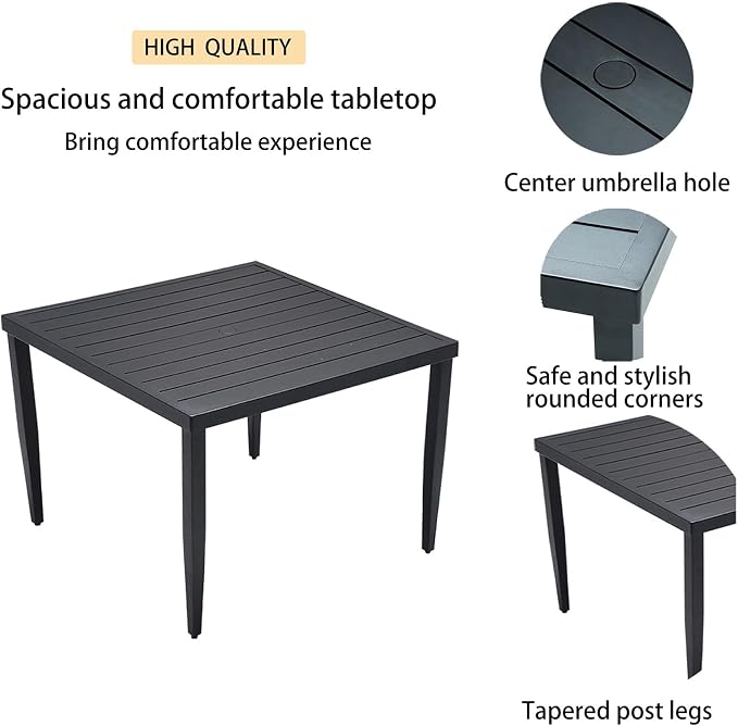 5-Piece Outdoor Patio Aluminum Furniture, Modern Dining Set, Including 4 Dining Chairs Sunbrella Fabric Cushioned and 40" Square Dining Table with Umbrella Hole, Ember Black