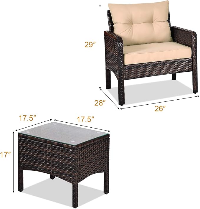 Tangkula 3 Piece Outdoor Patio Furniture Set for 2, Wicker Chairs with Glass Top Coffee Table, Thick Cushions, All Weather Garden Lawn Poolside Backyard Porch (Brown)