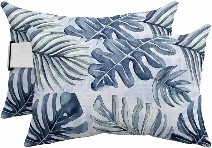 Pack of 2 Outdoor Lumbar Pillow Covers 12x20 Inch, Navy Blue Monstera Deliciosa Waterproof Throw Pillow Covers Set, Summer Botanical Tropical Decorative Cushion Cases for Patio Porch Car