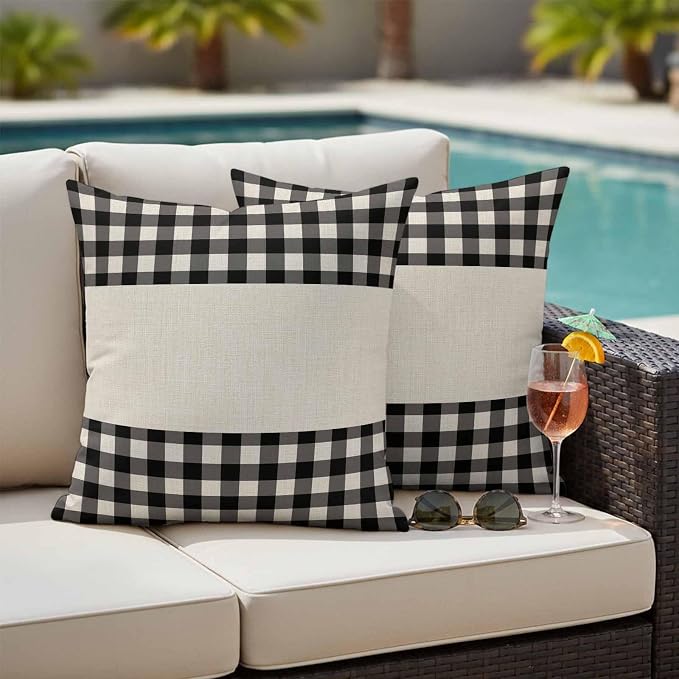 Retro Black Outdoor Waterproof Pillow Covers, Farmhouse Buffalo Plaid Vintage Beige Decorative Square Throw Pillowcase Sofa Cushion Sham for Patio/Couch/Chair, 18"x18" 2 Pack