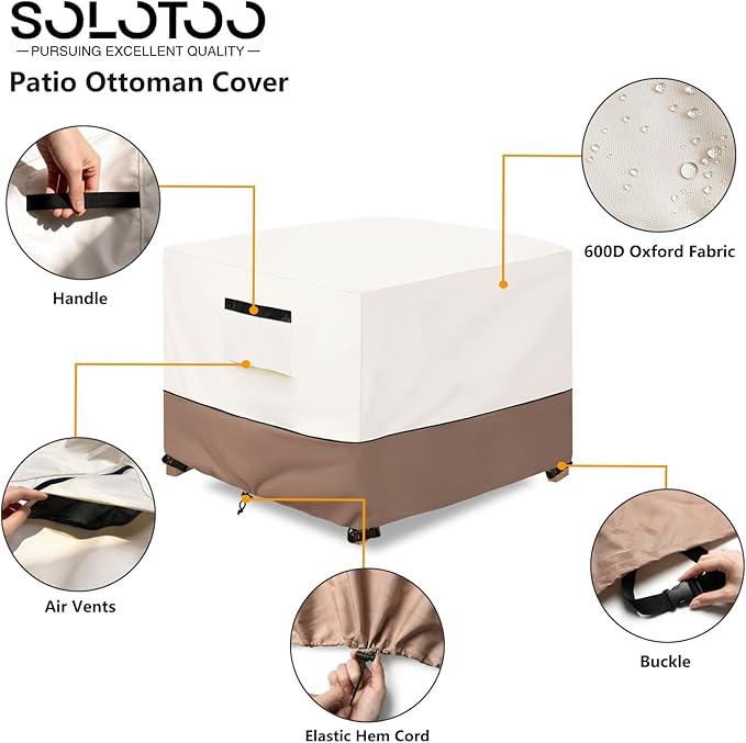Patio Ottoman Cover Waterproof Heavy Duty Square Outdoor Ottoman Covers, 32W x 32D x 18H Inches Patio Furniture Covering Protector Outdoor Side Table Cover (Beige)