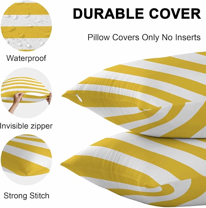Outdoor Waterproof Throw Pillow Covers Set of 2 Yellow White Stripe Lumbar Pillowcases 20x12 Inches Simple Style Striped Decorative Pillows Cushion Case Patio Pillows for Couch Bed Chair Garden