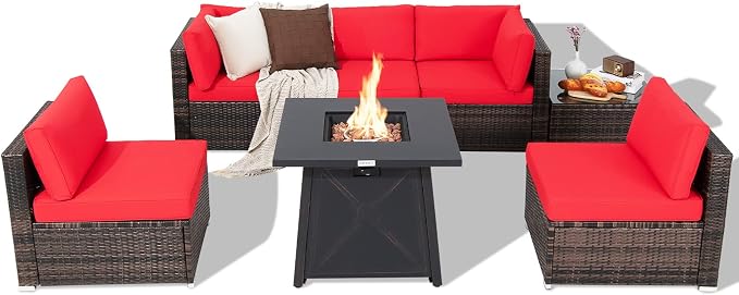 Tangkula 7 Piece Patio Furniture Set w/Fire Pit Table, Patiojoy Outdoor Rattan Conversation Sofa Set w/30 Square Propane Fire Pit Table, 50,000 BTU Heat Output, Protective Cover Included (Red)