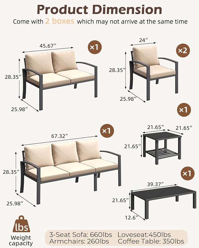 U-MAX Aluminum Patio Furniture Set 7 Seats, Modern Outdoor Furniture Clearance with Coffee Table & Side Table, Metal Patio Conversation Sets with Deep Cushions for Lawn, Garden, Porch, Beige