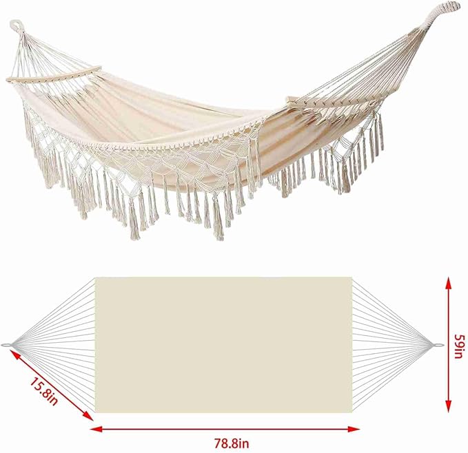 Canvas Hammock, 2 Person Foldable Hanging Swing Hammock with Tassels for Beach Yard Bedroom Patio (White)