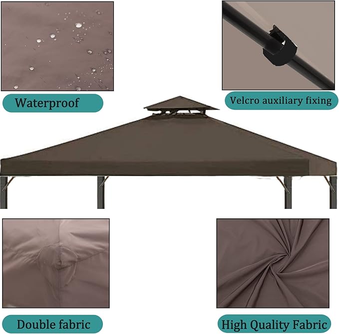 Gazebo Replacement Top 10x12 FT, Gazebo Canopy Replacement Cover for 2 Tier Outdoor Patio Garden Tent Frames,Canopy Cover with Air Vent, Brown