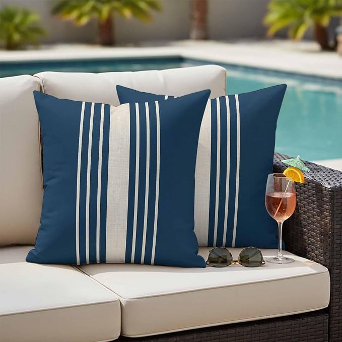 Navy Blue Beige Striped Outdoor Pillow Covers 20x20 Inch Throw Pillow Covers Set of 2 Waterproof Decorative Pillow Cases Modern Farmhouse Retro Lines Cushion Covers for Patio Furniture Garden Couch