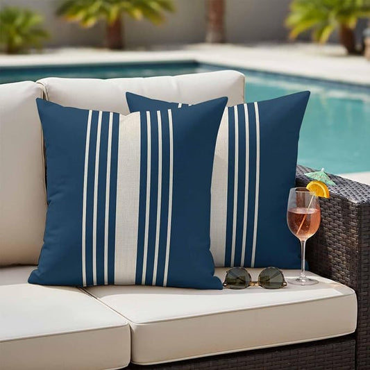 Navy Blue Beige Striped Outdoor Pillow Covers 24x24 Inch Throw Pillow Covers Set of 2 Waterproof Decorative Pillow Cases Modern Farmhouse Retro Lines Cushion Covers for Patio Furniture Garden Couch