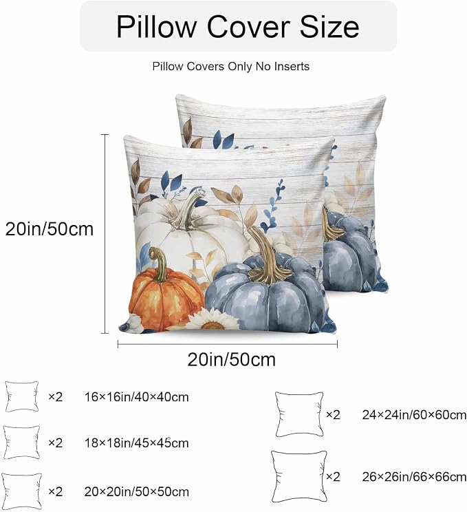 Fall Outdoor Throw Pillows Covers 18x18 inch Set of 2 Waterproof Blue White Pumpkin Zippered Cushion Covers for Patio Furniture, Autumn Eucalyptus Leaves Floral Wood Thanksgiving Lumbar Pillowcases