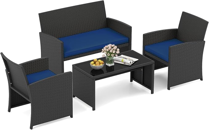 HAPPYGRILL 4 Piece Rattan Wicker Patio Conversation Set, Outdoor Furniture with Chair Loveseat Table & Cushion, for Backyard Porch Balcony (1, Black & Navy)