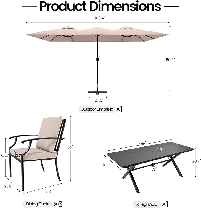 8 PCS Outdoor Patio Dining Set with 13.6ft Double-Sided Patio Umbrella,Patio Table and Chairs Metal Outdoor Patio Furniture Set,Dining Table Set with 6 Chairs,Brown