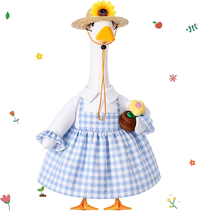 FuWeave Spring Summer Goose Outfit Porch Goose Clothes for 23" Large Statue Outdoor Patio Yard Lawn Art Decoration, Blue Plaid Dress Sunflower Hat
