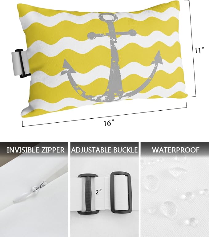 Outdoor Pillows Covers with Inserts Grey Nautical Anchor Yellow Wavy Stripes Waterproof Recliner Pillow with Adjustable Strap Throw Pillows for Patio Furniture Pool Lounge Chair, 11x16 inch, 1PCS