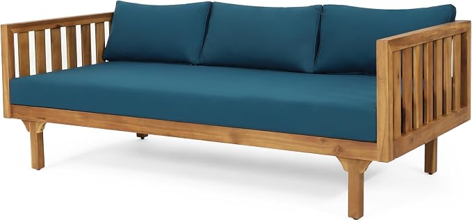 Christopher Knight Home Charm Patio Conversation Set, 3 Seater Acacia Wood Sofa, Spacious Seating Daybed, Wood Coffee Table, Round Side Table, Outdoor Furniture for Backyard Garden Rest, Dark Teal