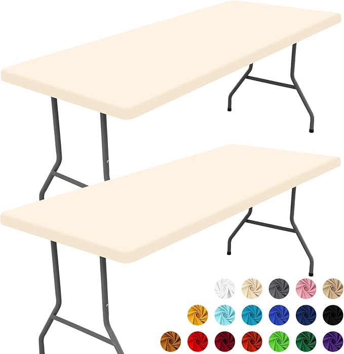 Moosfor Spandex 4 Foot Rectangle Table Cloth 2 Pack, Elastic Fitted Tablecloths for Picnic, Stretch Washable Patio Table Cover for Outdoor, Camping, Banquet and Parties (Champagne, 30"x48")