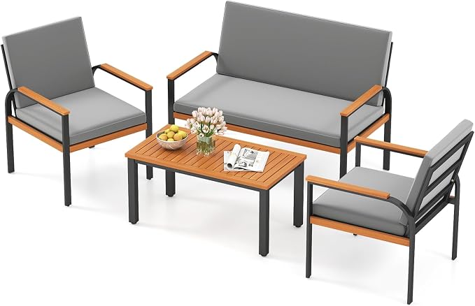 Tangkula 4 Pieces Patio Furniture Set, Outdoor Conversation Set with Acacia Wood Coffee Table, Cushioned Loveseat & 2 Single Armrest Chairs, for Porch, Garden, Backyard, Poolside