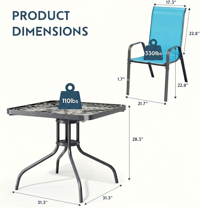 Arlopu 5 Piece Outdoor Patio Dining Set (Umbrella not Included), Porch Furniture with 4 Textline Chairs, 1 Square Glass Table for Garden, Backyard and Poolside, Lawn (Blue)
