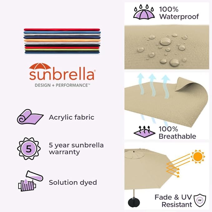 Midtown Umbrellas Led Swilt Sunbrella Umbrella, 8 Foot Patio Umbrella In Sunbrella Heather Tan Acrylic Fabric - Deck Patio Umbrella, Backyard Umbrella, Garden Umbrella & Pool Umbrella - Black Pole