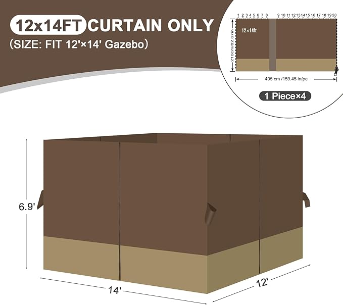 Aoodor 12x14 ft Outdoor Gazebo Curtains, 4 Panels Waterproof Privacy Sidewall Replacement with Zipper for Patio Pergola and Canopy, Brown and Khaki