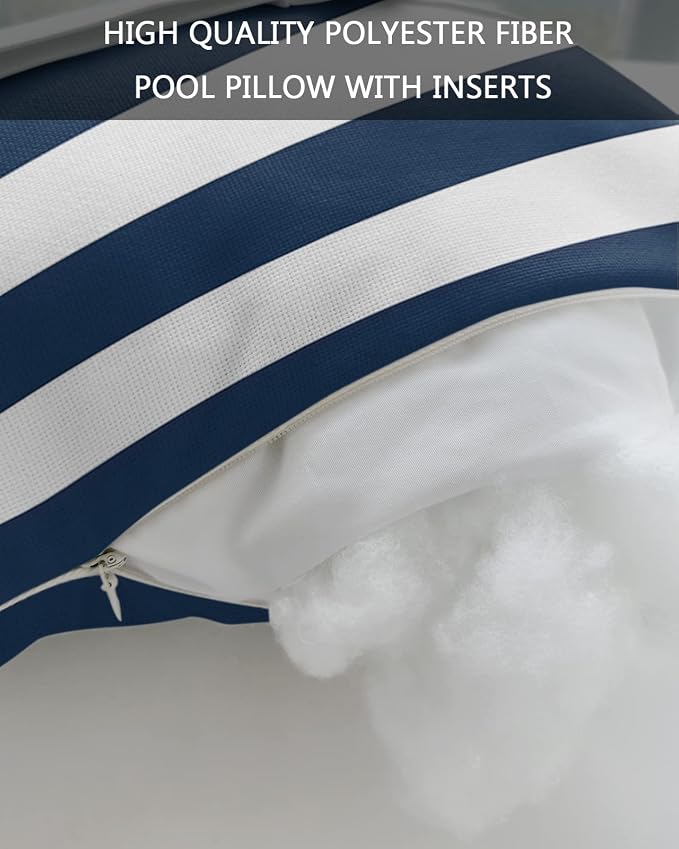 Blue and White Striped Outdoor Pillows with Insert Blue White Geometric Waterproof Patio Pillows with Adjustable Strap Decorative Head Recliner Lounger Chair Throw for Patio Furnitures, 1 Pack