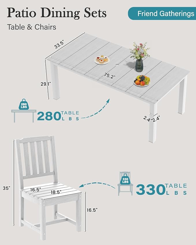 LOUNZY 7 Piece Patio Dining Set for 6, Outdoor Table and Chairs,White | 75.2” table,6 seat patio dining set, HDPE wood-look, fade resistant and waterproof, low maintenance outdoor furniture