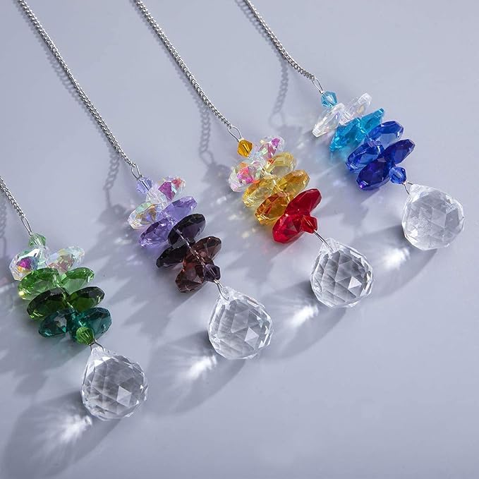 4PCS Crystal Prisms Suncatchers Hanging Sun Catchers for Window Indoor | Rainbow Maker Suncatchers Crystals Ball Prism Chakra Octagon Bead Decor For Home Garden,10.5inch,Christmas Tree Decorations