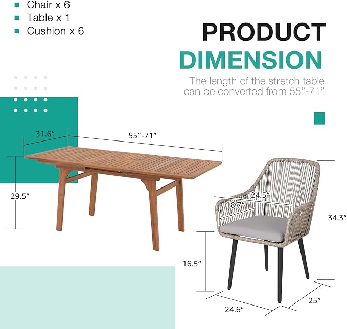 Patiorama 7-Piece Outdoor Dining Set, Patio Wicker Dining Table Chair Set with 55"-71" Acacia Wood Expandable Table & Twisted Rattan Rope Chairs, All-Weather Dining Furniture Set for Yard Garden, Tan