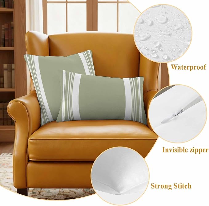 Farmhouse Sage Green Outdoor Waterproof Throw Pillow Covers 24x24 Set of 2, Aesthetic Modern Line Striped Decorative Pillowcases Cushion Pillowcase for Couch Sofa Patio Outside Pillow Protector