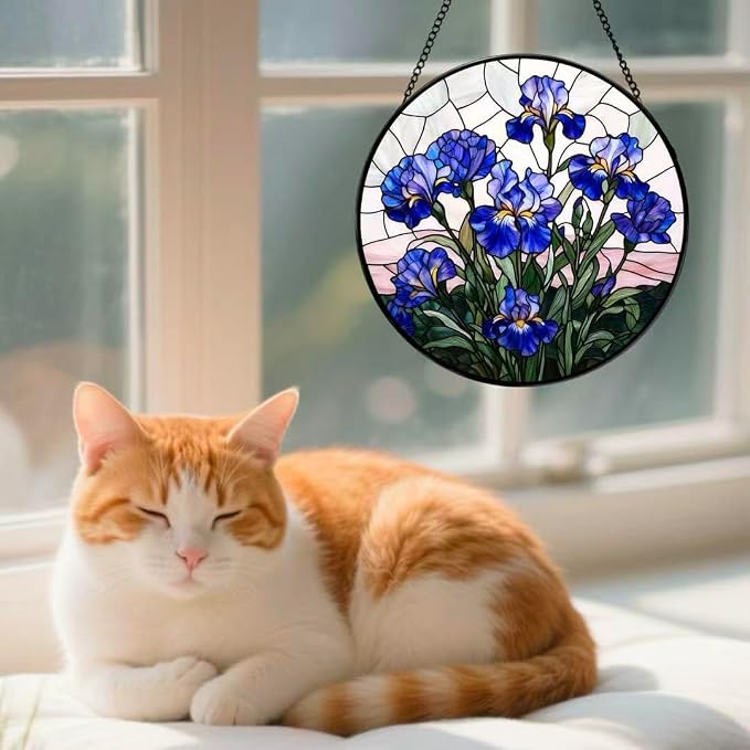 Stained Glass Window Hanging - Blue Iris Painting 7.8 Inches Suncatcher for Garden Home Decor for Women Mon Grandma Friends