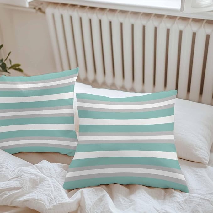 Aqua Grey Stripe Outdoor Pillow Covers Waterproof, All Weather Cushion Case Set of 2, Minimalist Farmhouse Striped Decorative Pillowcases for Sofa Couch Bed Decor Patio Furniture 18"x18"