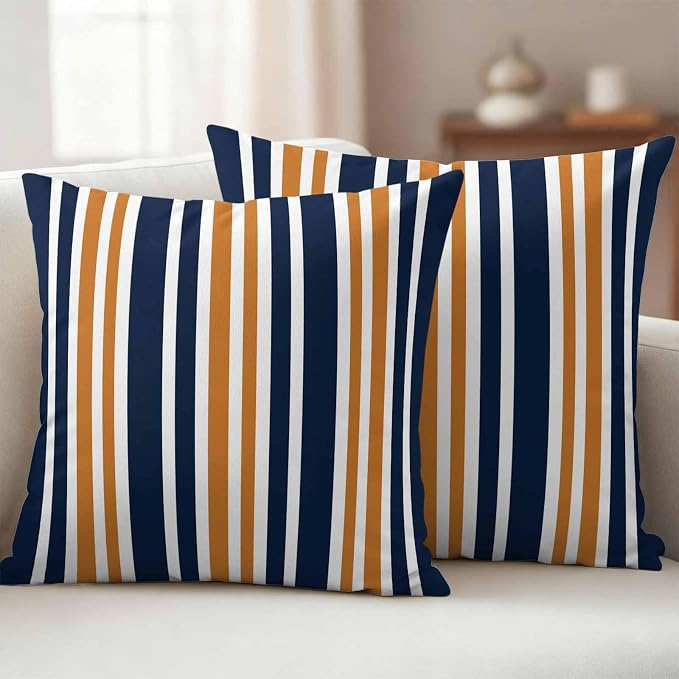 Waterproof Pillow Covers Set of 2,Orange Dark Blue Striped Outdoor Pillow Protectors with Zipper Pillowcases for Patio Tent Garden Beach 18x18 Inches Modern Minimalist Art