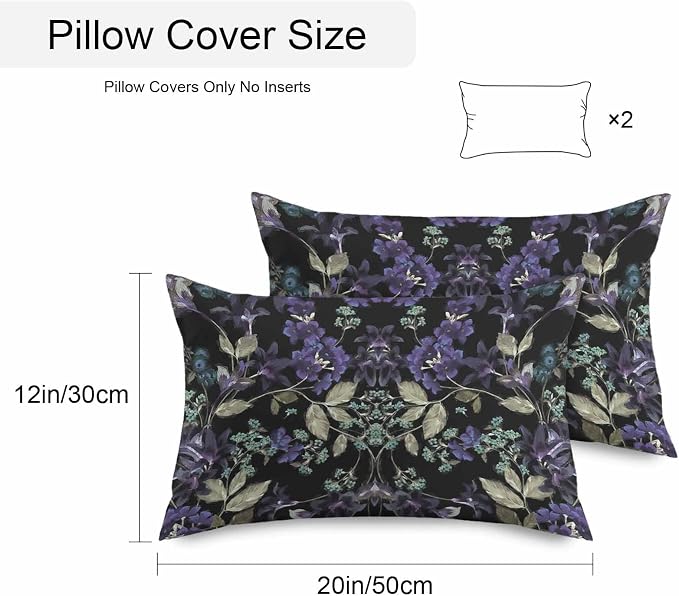 Purple Green Flower Leaf on Black Outdoor Pillow Covers 20x12in Pack of 2 Waterproof Pillowcase Retro Plant Oil Painting Decorative Throw Cushion Case for Patio Couch Sofa