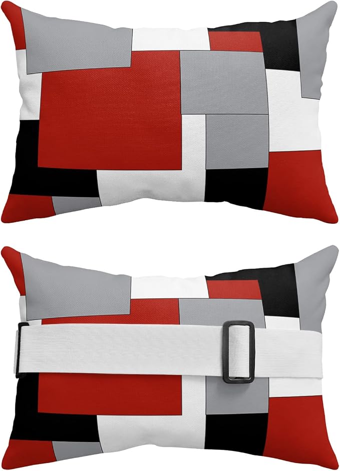 Outdoor Pillows Covers with Inserts Abstract Art Patchwork Red Black and Grey Waterproof Recliner Pillow with Adjustable Strap Throw Pillows for Patio Furniture Pool Lounge Chair, 12x20 inch, 1PCS