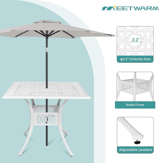 MEETWARM 5-Piece Outdoor Patio Dining Set, All-Weather Cast Aluminum Patio Conversation Set for Backyard Garden Deck with 4 Chairs, 4 Cushions and 35.4" Square Table, White