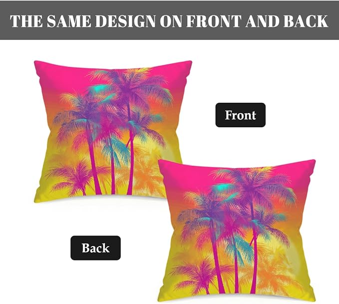 18x18 Inch Outdoor Pillow Covers Set of 2 Waterproof Throw Pillow Covers Decorative Couch Cushion Covers Pink Neon Palm Trees Square Pillowcases Protectors for Patio Garden Sofa