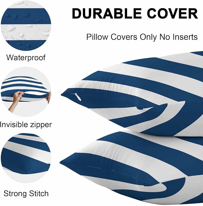 Outdoor Waterproof Throw Pillow Covers Set of 2 Navy Blue White Stripe Lumbar Pillowcases 20x12 Inches Simple Style Striped Decorative Pillows Cushion Case Patio Pillows for Couch Bed Chair Garden