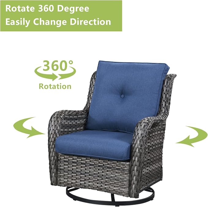 Rilyson Wicker Patio Furniture Set - 8 Piece Rattan Outdoor Sectional Conversation Sets with 4 Swivel Rocking Chairs,2 Ottomans,1 Sofa and 1 Coffee Table for Porch Deck Garden(Mixed Grey/Blue)