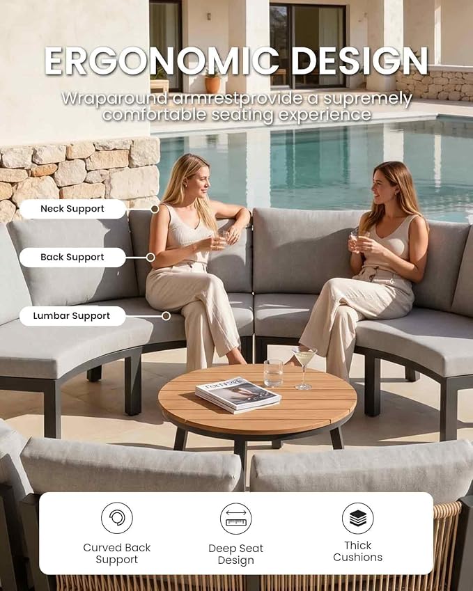 Half Moon Patio Furniture Set, Aluminum Curved Patio Conversation Sets, Luxury Outdoor Sectional Sofa with PE Rope, All-Weather 4 Pcs Outdoor Couch with Modular Coffee Table & Cushions, Gray