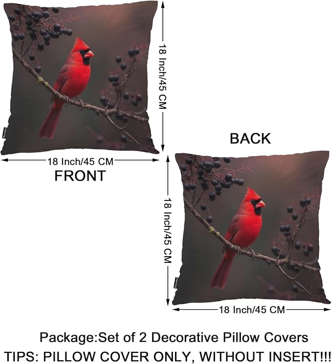 Swono 18"X18" Throw Pillow Covers Red Cardinal, Winter Cardinal Bird Berry Tree Boho Pillowcase Cushion Covers for Couch Bed, Square Decorative Pillow Cover Home Sofa Bedroom Car, 2 Pcs