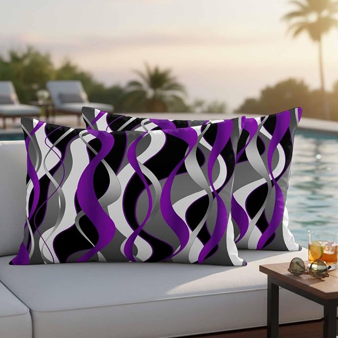 Outdoor Pillow Covers Set of 2, Modern Purple Grey Black Stripes Decorative Throw Pillow Covers 20X12IN, Gradient Abstract Art Throw Pillows Protector Cushion Case for Patio,Couch,Sofa,Garden