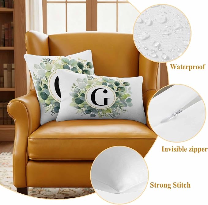 Letter G Waterproof Outdoor Pillow Covers Set of 2 Home Decor, Alphabet Green Eucalyptus Leaves Lumbar Pillowcase Patio Pillow Covers for Couch Bench Patio Furniture Garden 20x12in