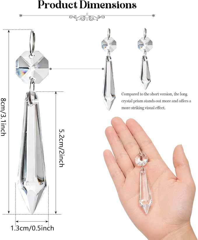 Premium Clear Crystal Glass Drops 3.1" -Multi Purpose Bluk Crystal Beads Hanging Prisms for Holiday Party/Home/Window Decoration/Chandelier Replacement Parts (L-50pcs)
