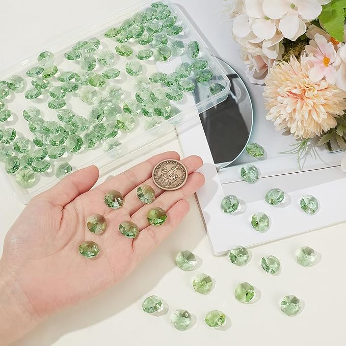 1 Box 120Pcs 14mm Crystal Glass Octagon Beads 2 Hole Prism Bead Bulk Pale Green Chandelier Replacement Connector Suncatcher Faceted Spacers for DIY Lamps Hanging Ornament Pendant Jewelry